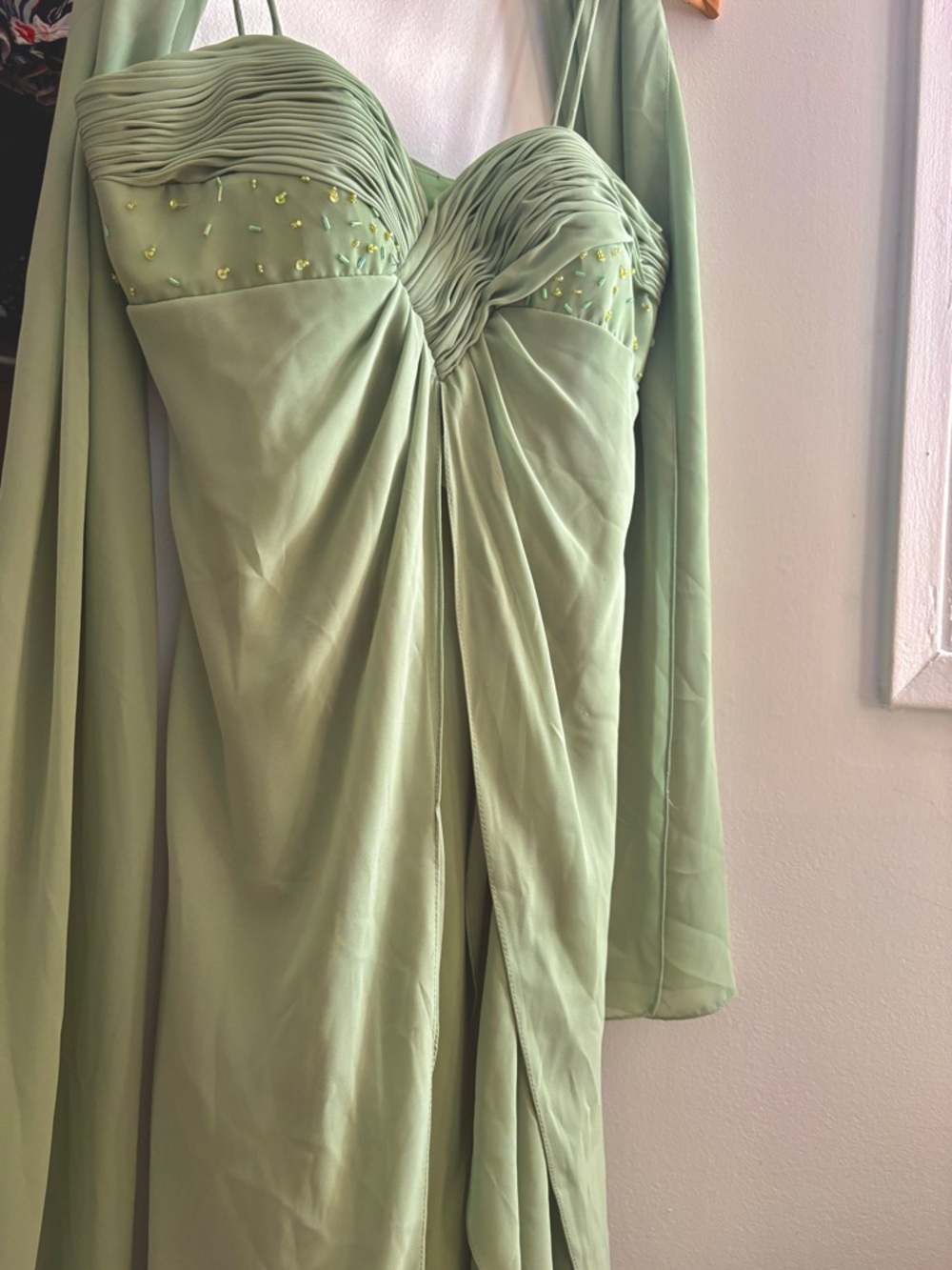 Elegant Sage Green Slip Dress with Draped Bodice - Picture 5 of 7